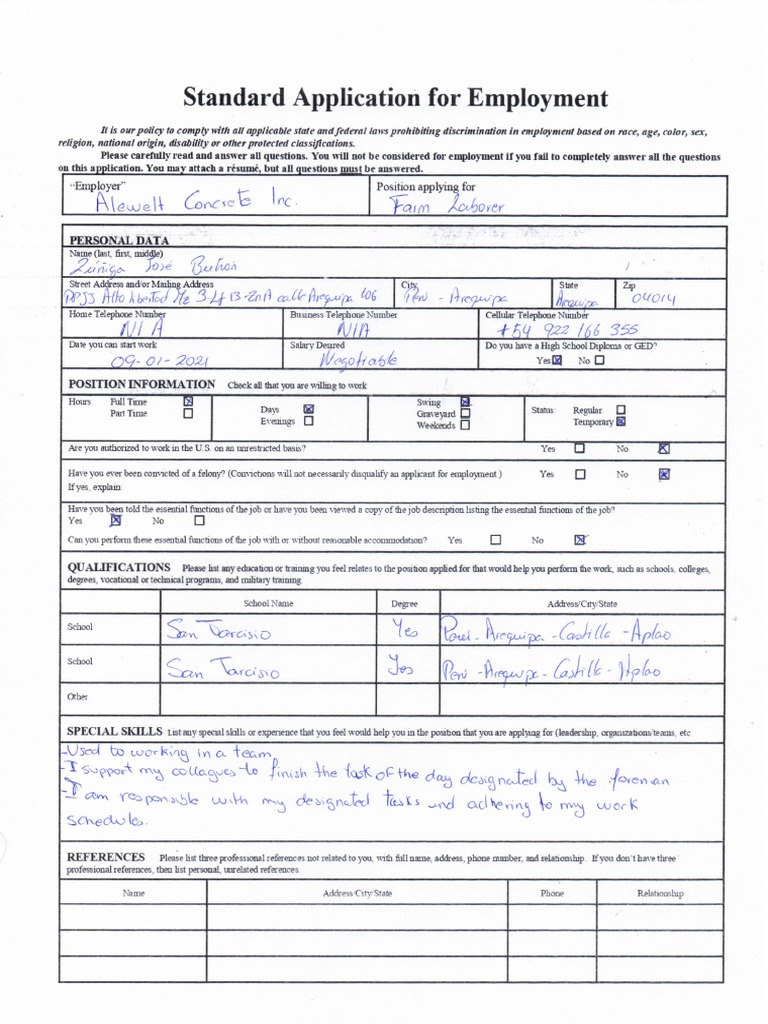 Alewelt Concrete Inc - Standar Application For Employment | PDF