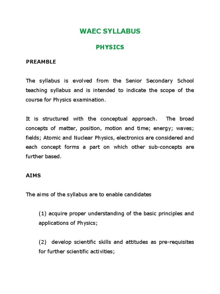 Waec Syllabus Physics PDF Force Waves