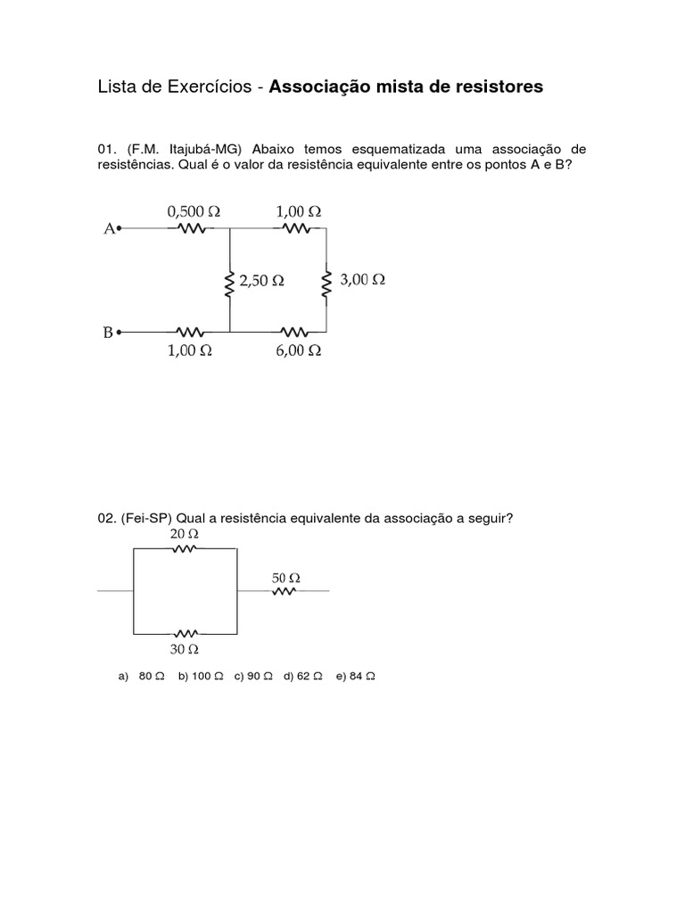 Lista de Exercícios | PDF | Resistor | Resistência elétrica e condutividade