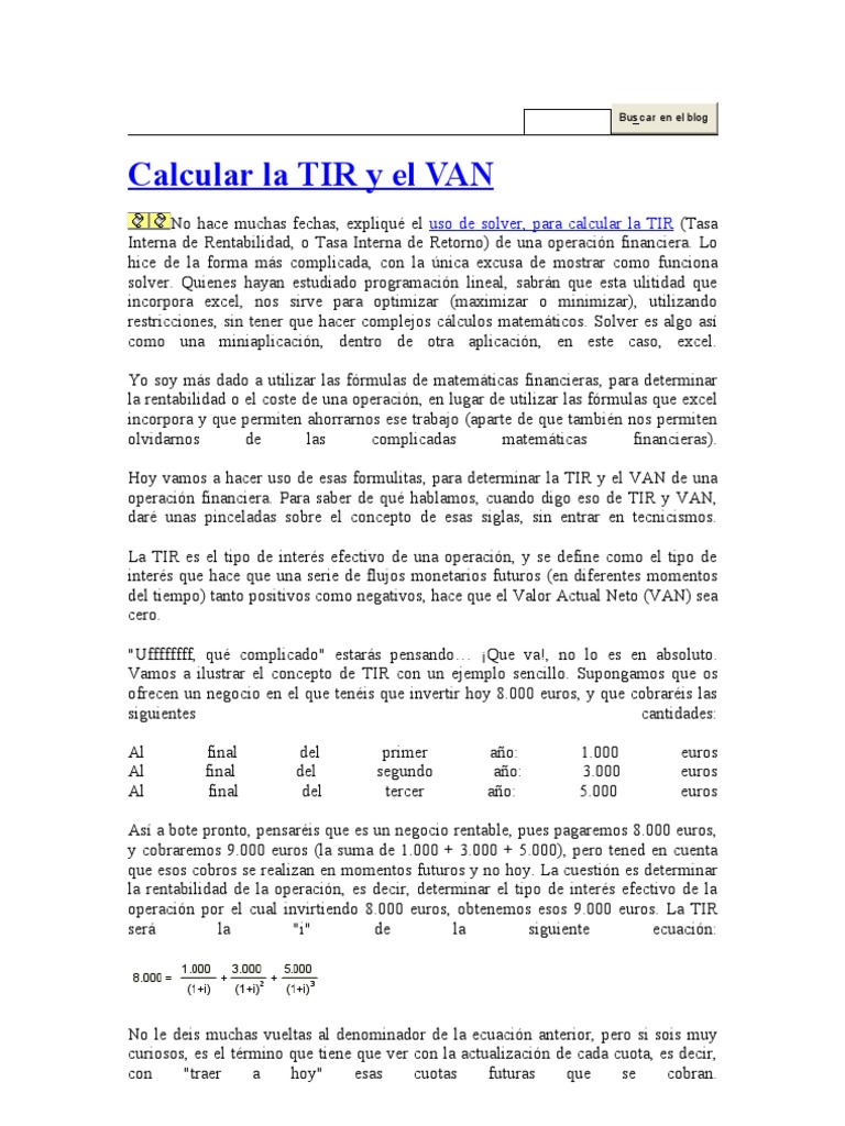 Calcular La TIR y El VAN | PDF | Valor presente neto | Tasa interna de ...