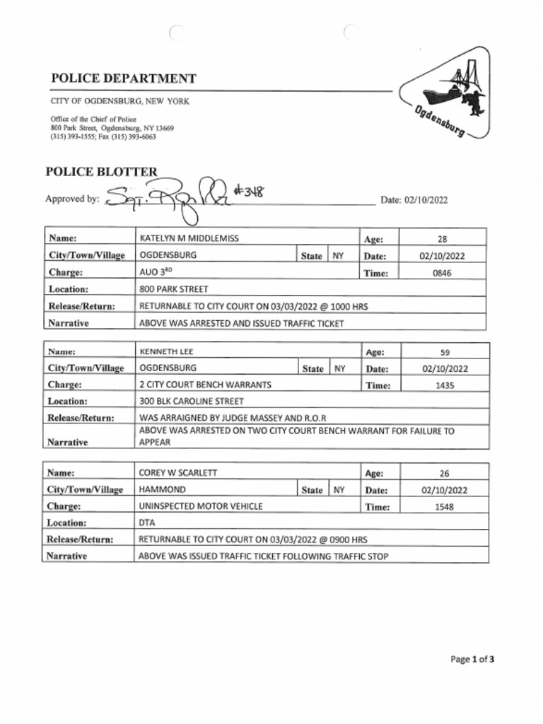 Ogdensburg Police Blotter Feb. 10, 2022 PDF