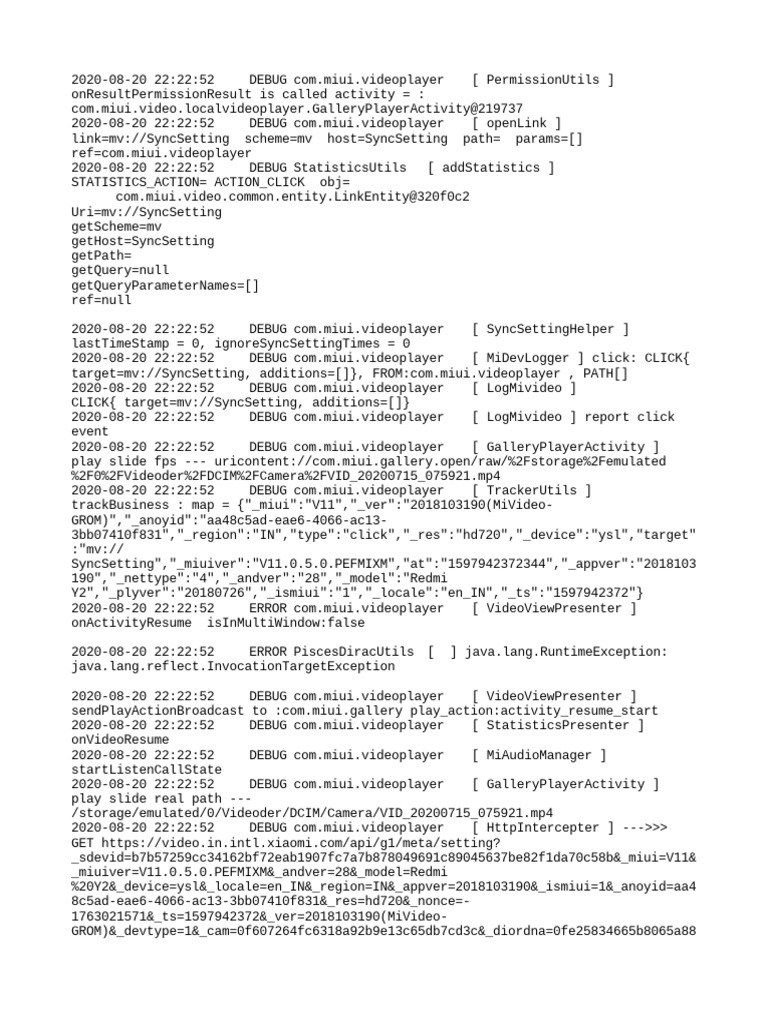 Log data capturing debugging information and events from a mobile