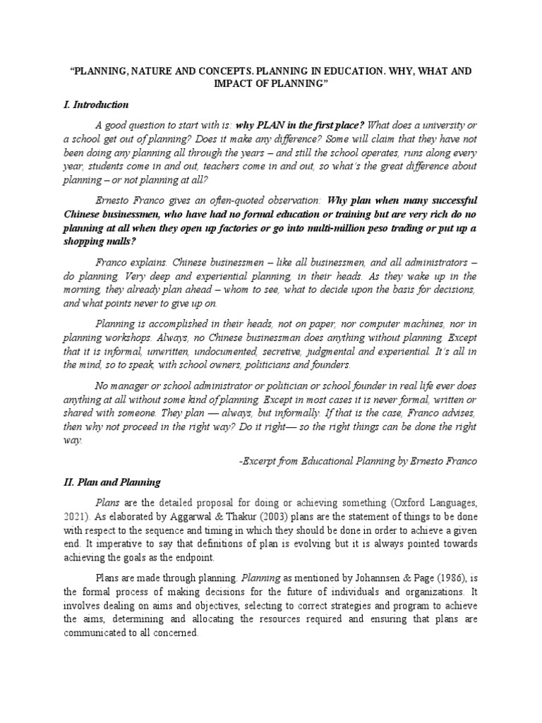 Planning Nature and Concepts PDF Goal Decision Making