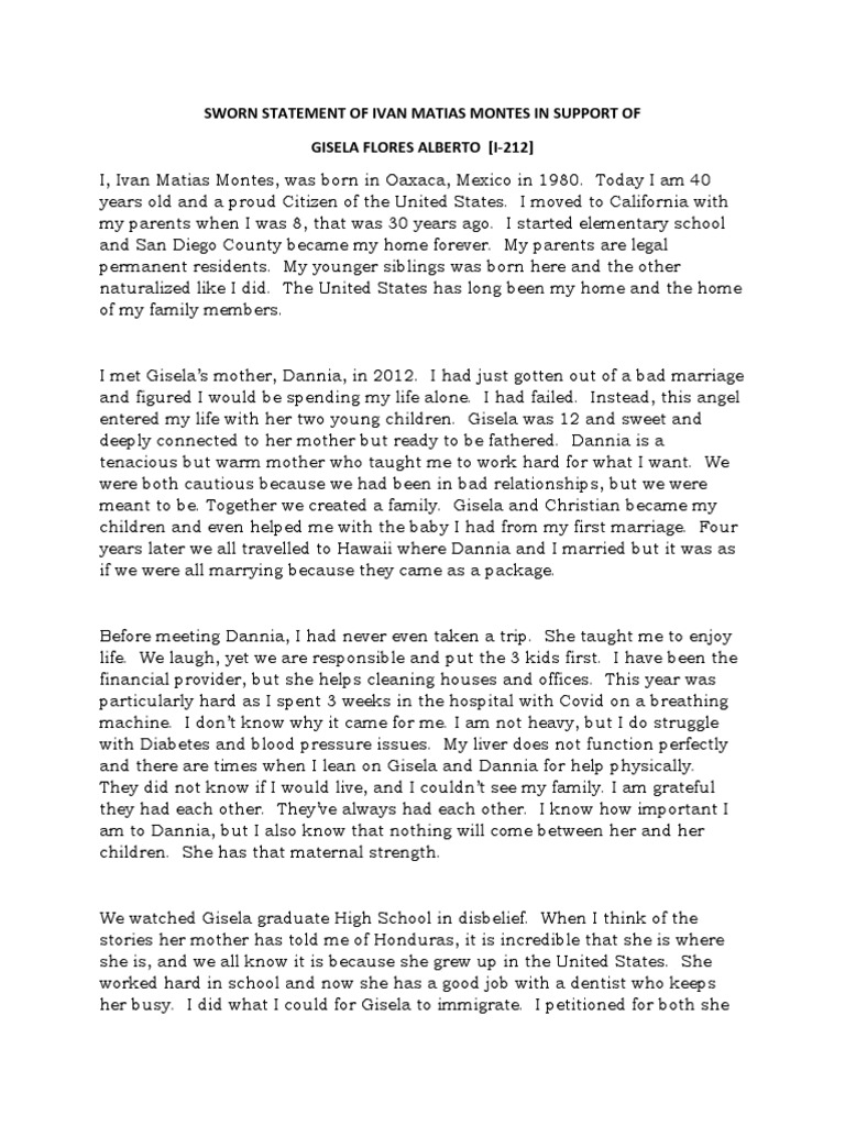 Ivan Matias Montes' Immigration Support Statement | PDF