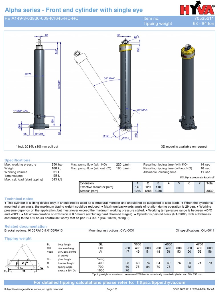 Hyva Front End Cylinder Specifications | PDF | Pump | Piston
