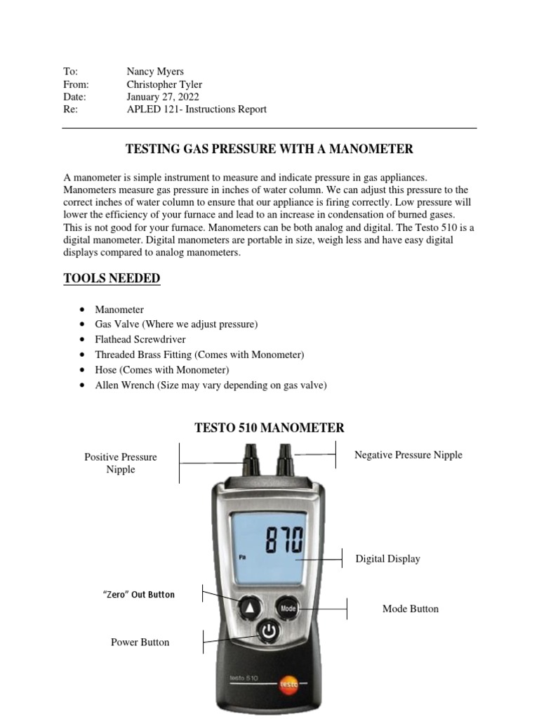 Manometer Instructions Portfolio PDF Pressure Measurement Tap (Valve)