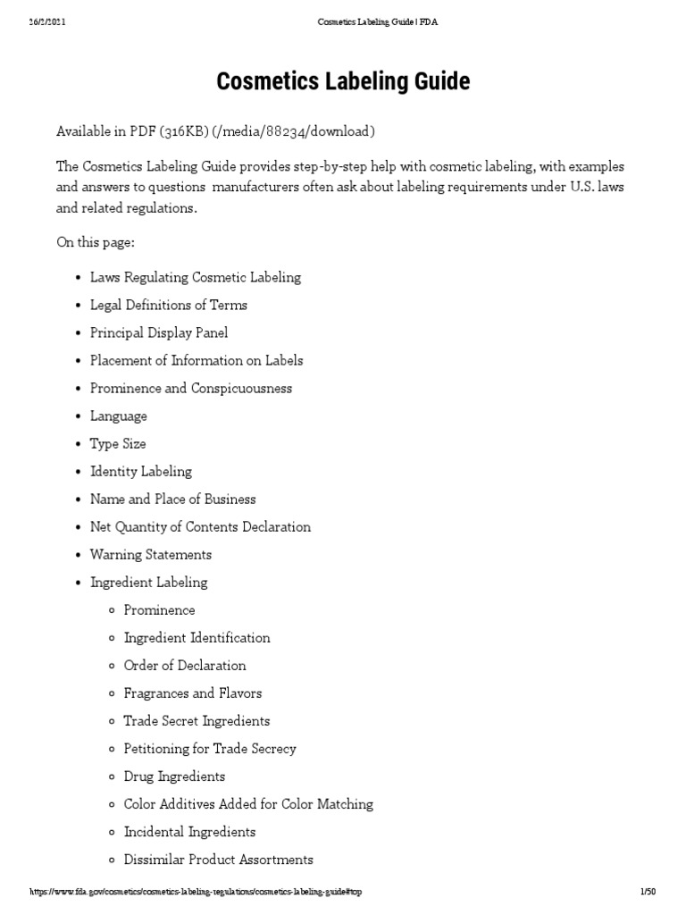 Cosmetics Labeling Guide FDA PDF Federal Food Gallon