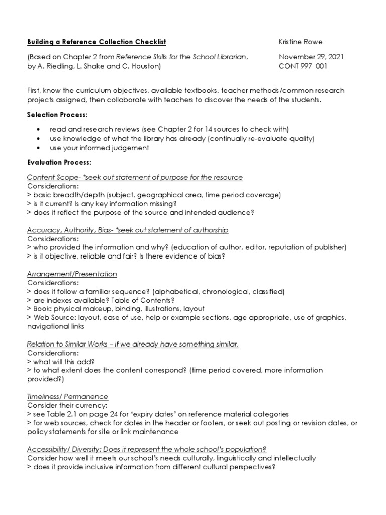 Building A Reference Collection Checklist | PDF | Libraries | Page Layout