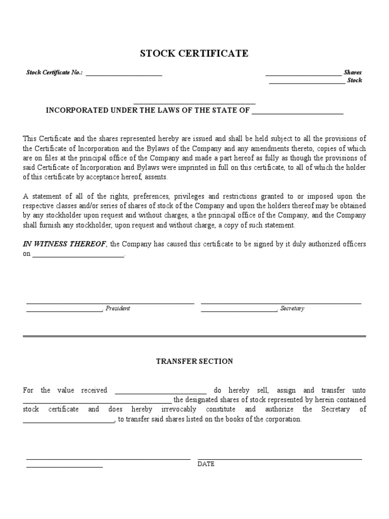 Stock Certificate Template and Guidelines | PDF | Stocks | Securities ...