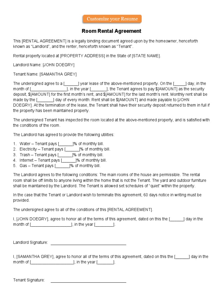 Room Rental Agreement | PDF | Lease | Renting