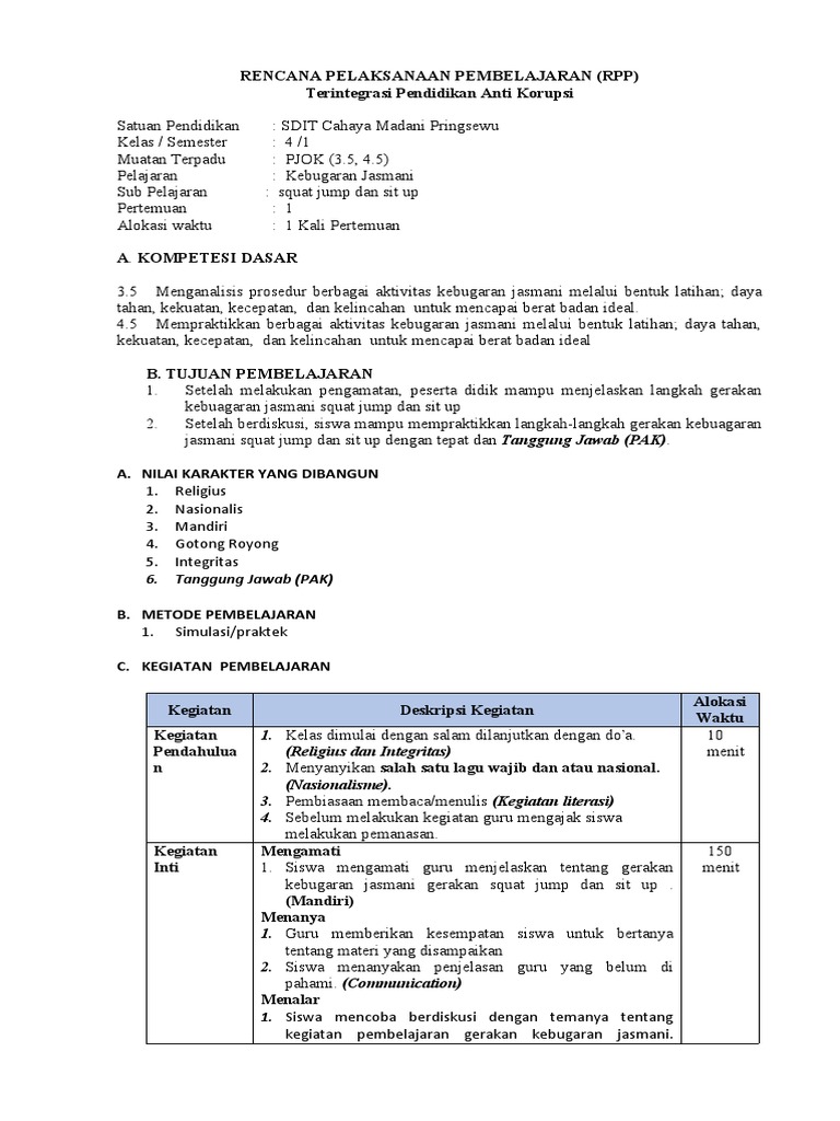 RPP Kebugaran Jasmani Kelas IV SD | PDF