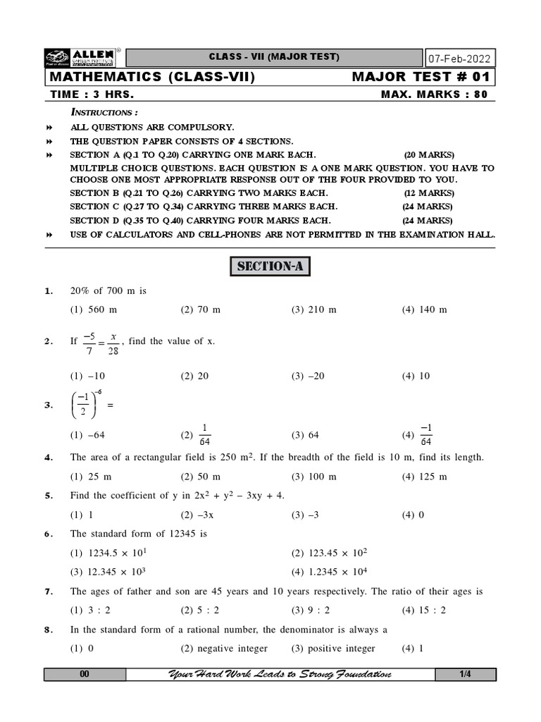 Mathematics (Class-Vii) Major Test # 01: Section-A | PDF | Numbers | Area