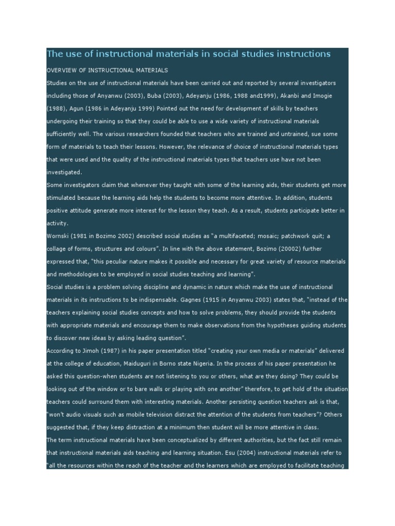 The Use of Instructional Materials in Social Studies Instructions 
