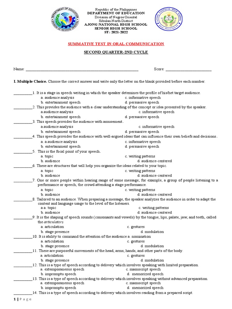 Summative Test in Oral Communication Analyzing Speech Writing