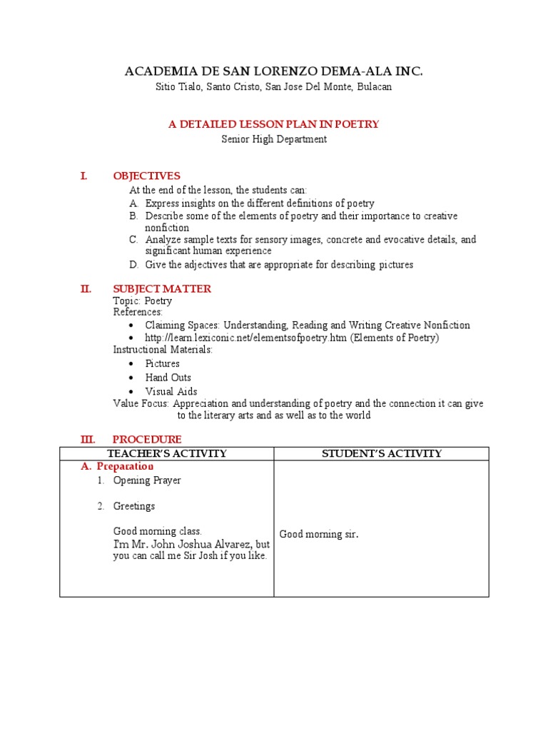 Poetry Lesson for Senior High | PDF | Poetry | Imagination