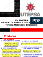 U3: Algebra Productos Notable Y Factorizacion Materia: Matemática Empresarial