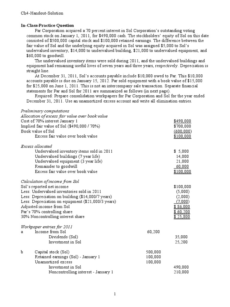 InClassPractice Question Preliminary Computations Allocation of Excess Fair Value Over Book