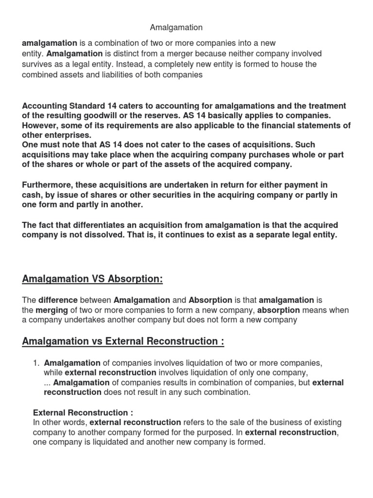 Amalgamation VS Absorption PDF Consolidation (Business) Equity