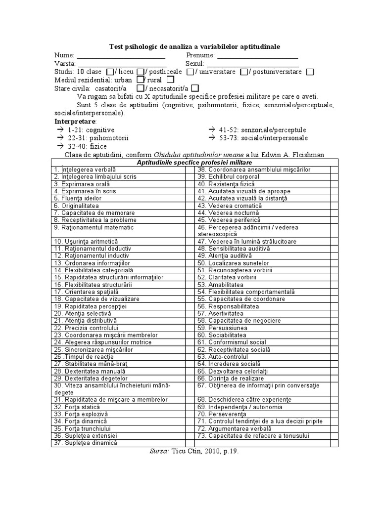 Test Psihologic de Analiza A Variabilelor Aptitudinale. Interpretare | PDF