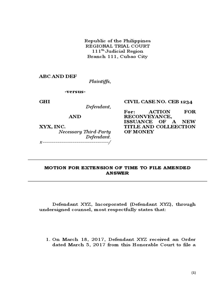 Motion For Extension of Time To File Answer PDF Lawsuit Public Law