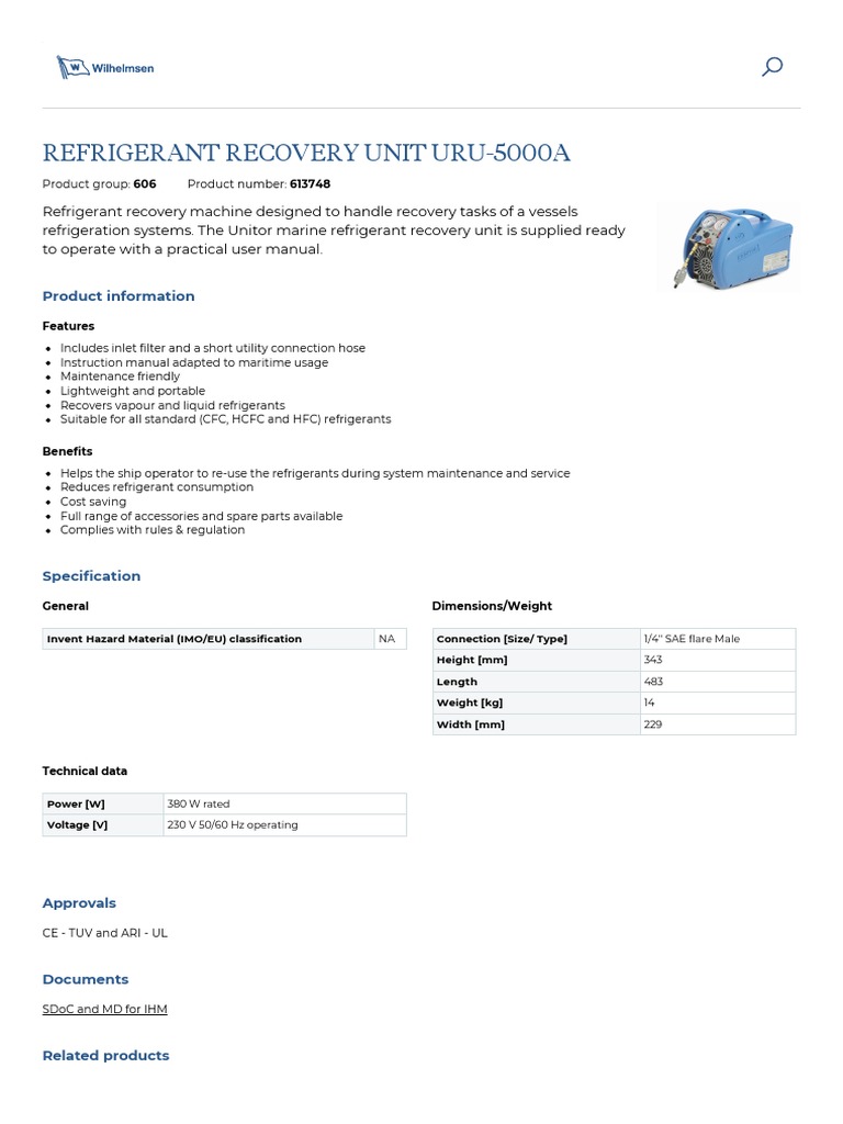 Refrigerant Recovery Unit Uru5000a PDF Refrigeration Equipment