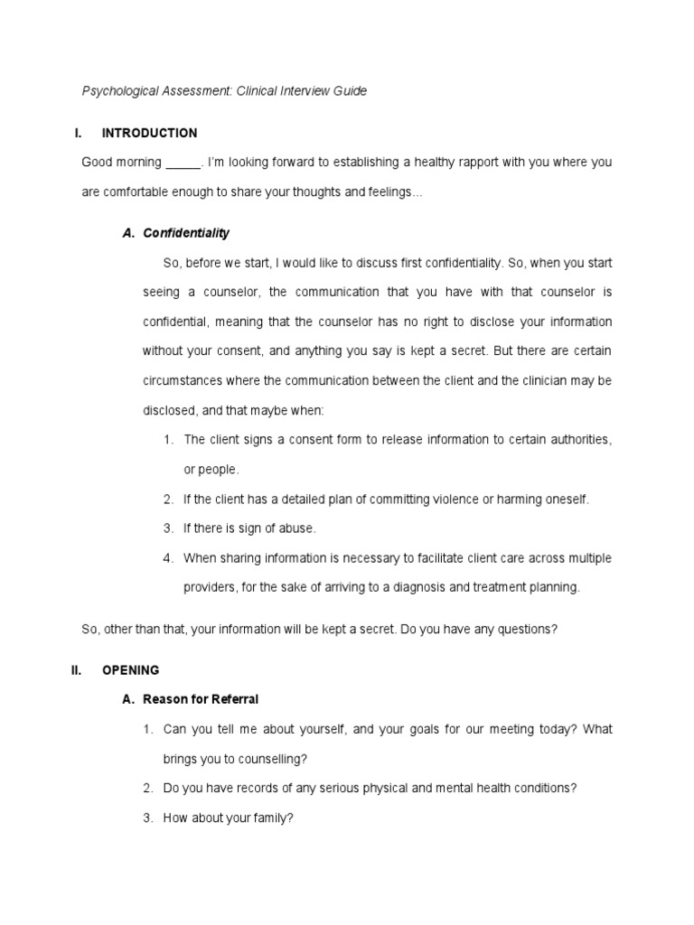 Psychological Assessment Interview Guide | PDF | Confidentiality | Thought