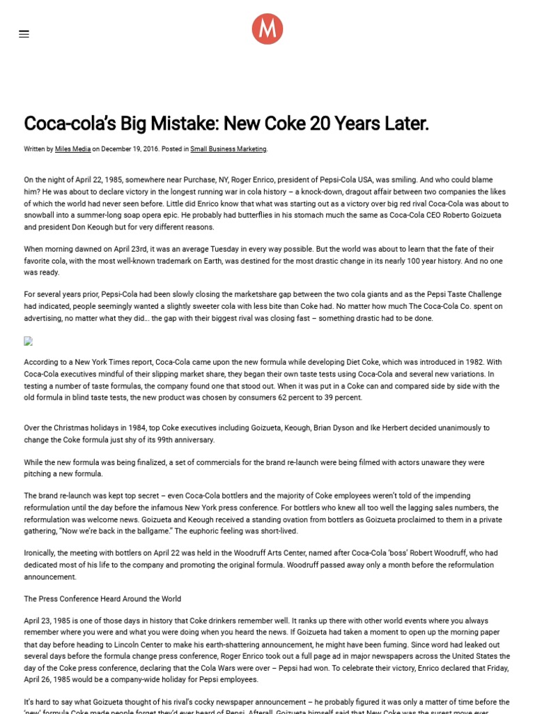 CocaCola's Big Mistake New Coke 20 Years Later. Miles Media PDF