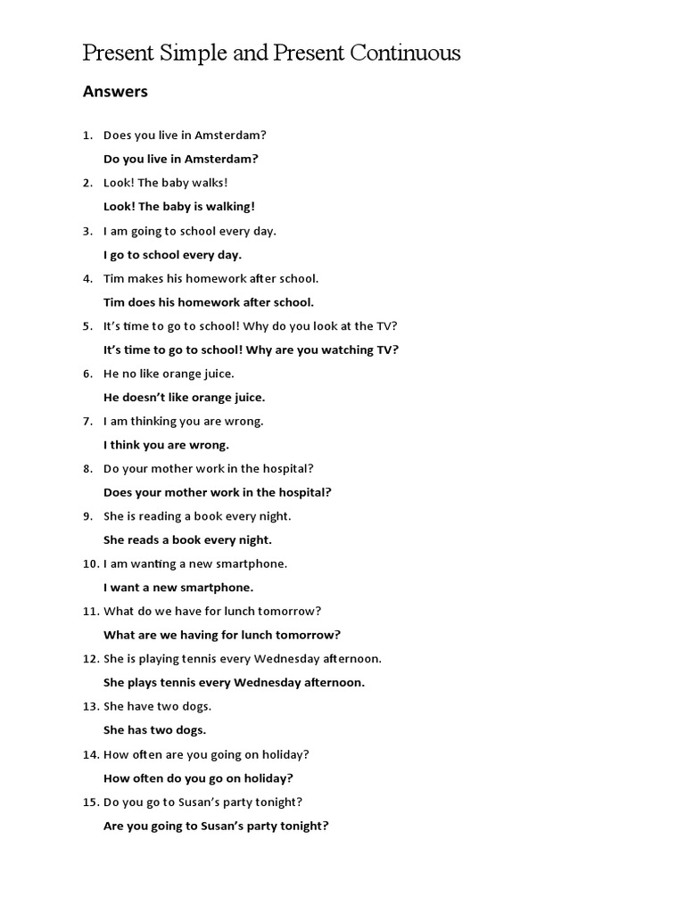 Answer - Present Simple and Present Continuous Error Recognition | PDF ...