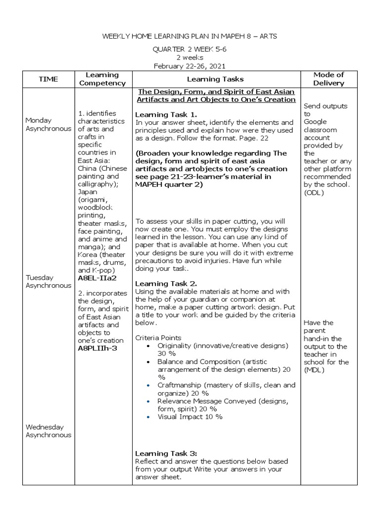 MAPEH 8 Arts Weekly Learning Plan | PDF | Learning | East Asia