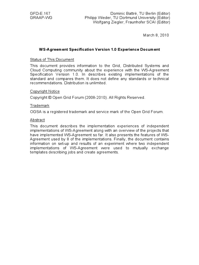 WS-Agreement Specification Version 1.0 Experience Document | PDF ...