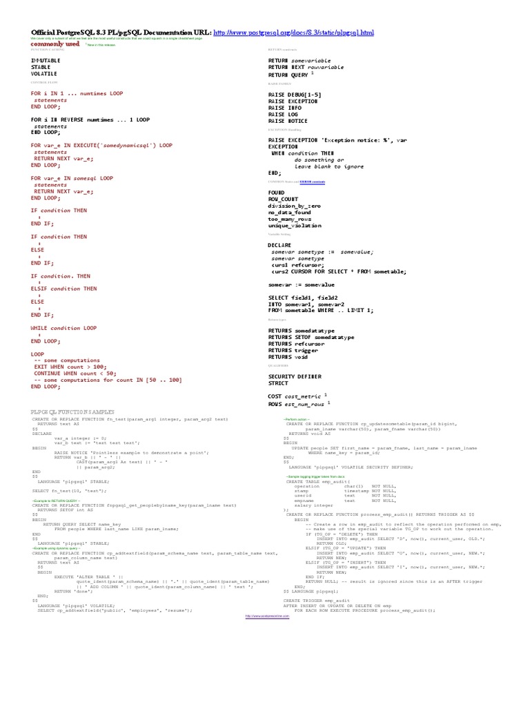PostgreSQL 8.3 PLPGSQL Cheatsheet | PDF | Control Flow | Information ...