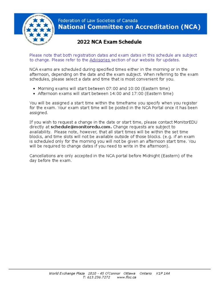 January 2022 2022 NCA Exam Schedule PDF Administrative Law Canada