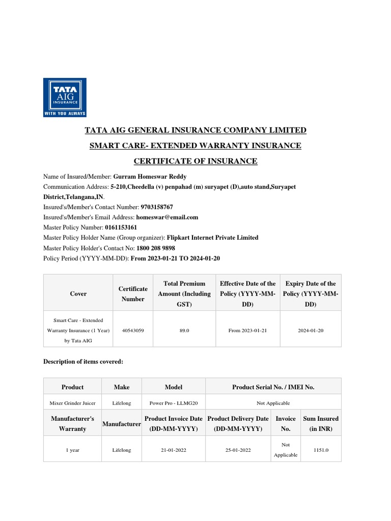 Tata Aig General Insurance Company Limited Smart CareExtended Warranty