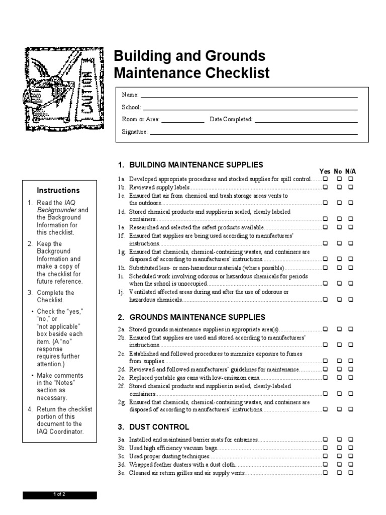 Building and Grounds Maintenance Checklist PDF Building Engineering Home