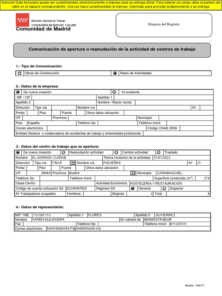 Comunicación de Apertura Del Centro de Trabajo PDF