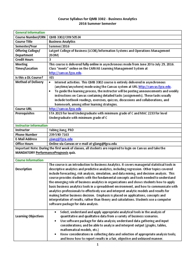 Course Syllabus For QMB 3302 Business Analytics 2016 Summer Semester