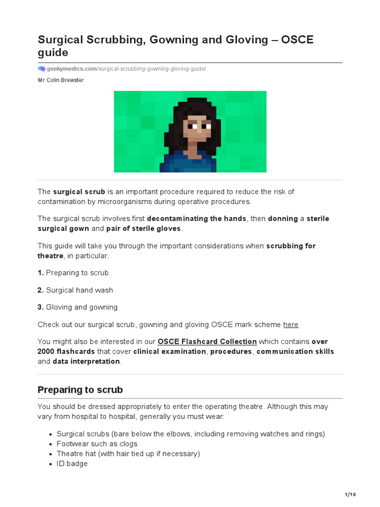 Surgical Scrubbing Gowning and Gloving OSCE Guide PDF Hand Surgery