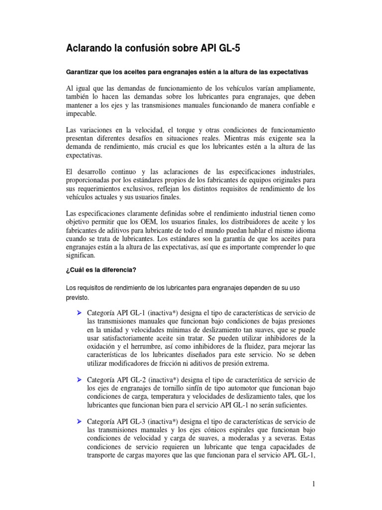 Significado y diferencias de API GL-5 | PDF | Engranaje | Lubricante