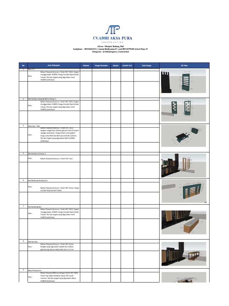 FURNITURE SPECIFICATIONS PDF