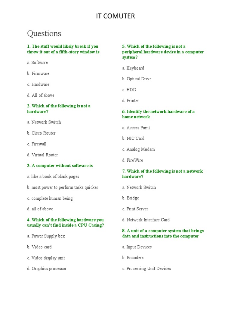 Computer Hardware MCQ PDF Printer Computer Keyboard