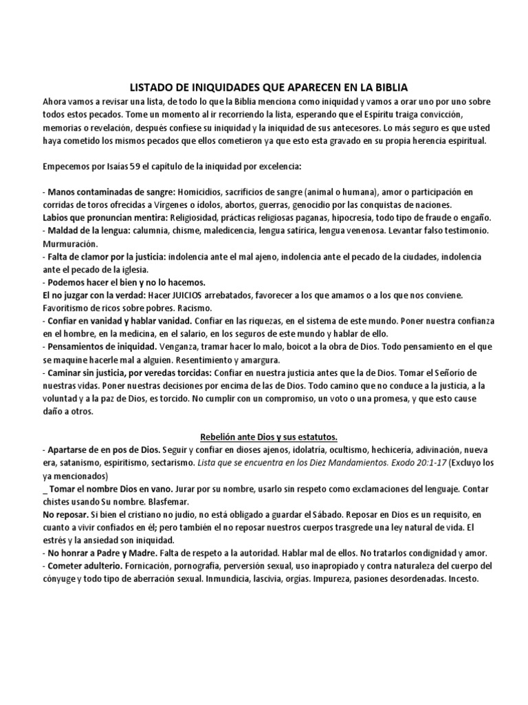 Listado de Iniquidades Que Aparecen en La Biblia PDF Pecado Amor