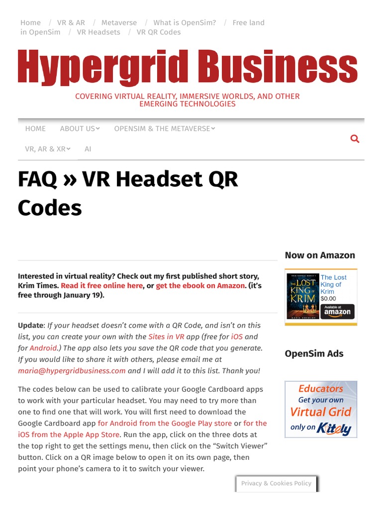 VR Headset QR Codes Hypergrid Business PDF Virtual Reality