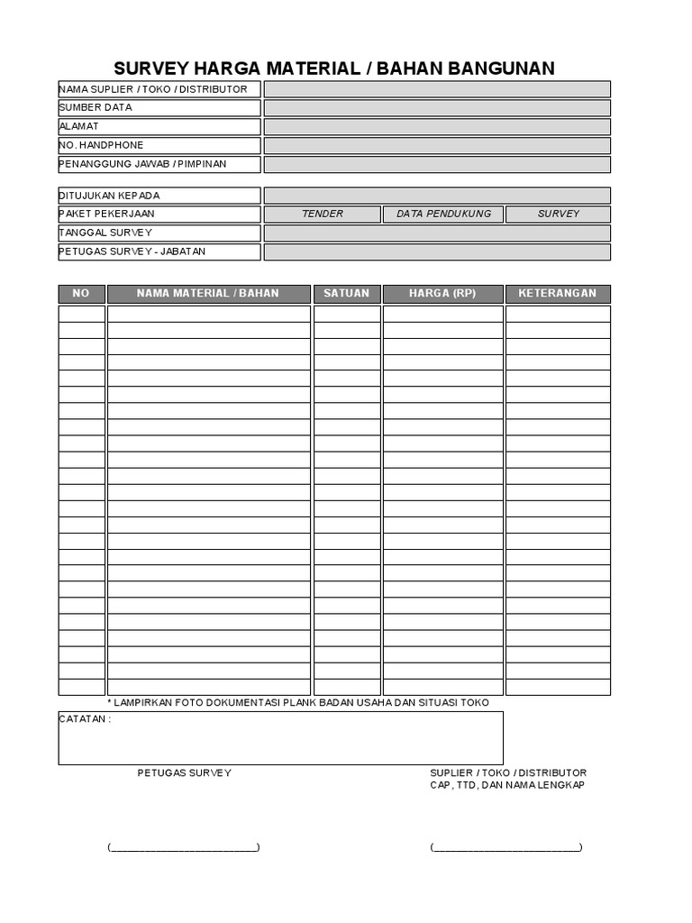 Form Survey Harga Material Bangunan Pdf