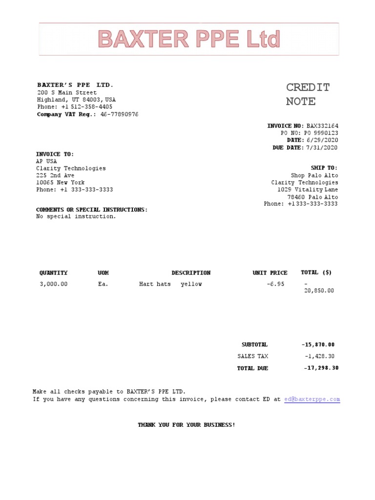 Baxter Credit Note Bax332164 | PDF