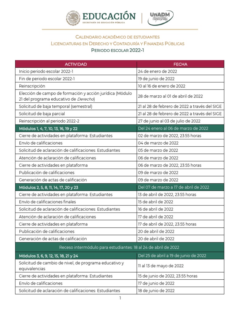 UnADM Estudiantes Calendario Derecho CyFP 20221 PDF