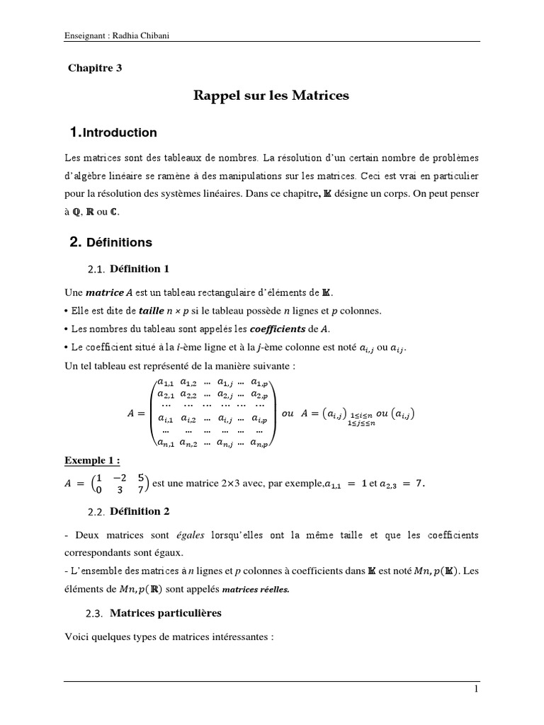 Rappel sur les Matrices en Algèbre | PDF | Matrice (Mathématiques ...