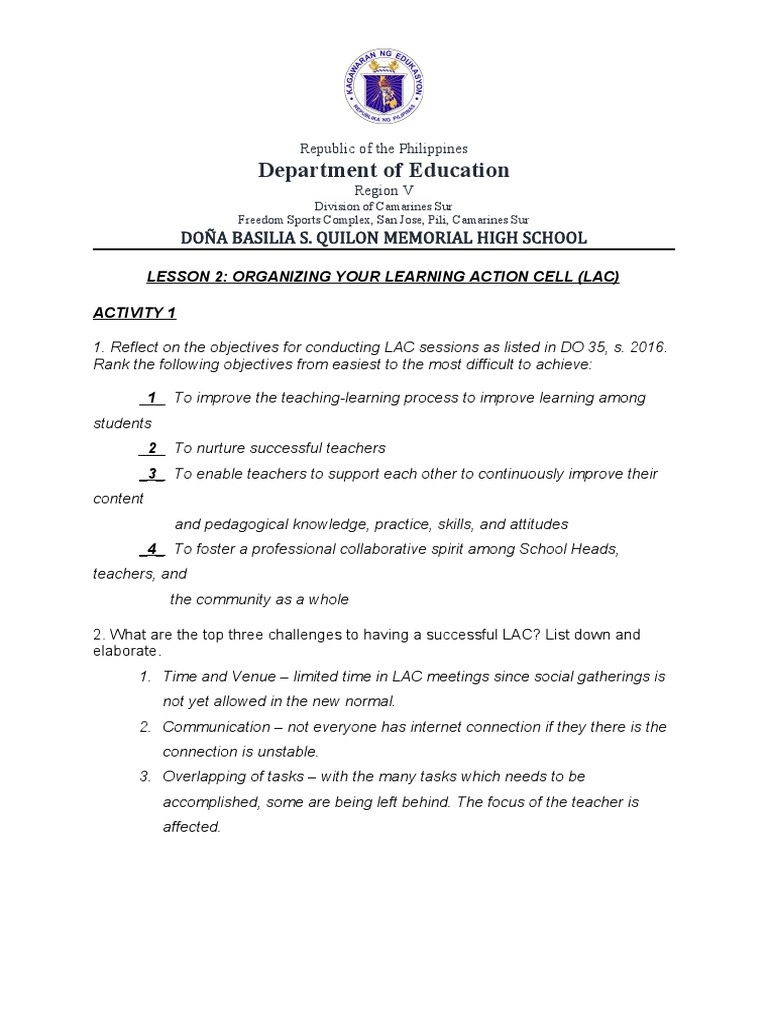 Organizing the Doña Basilia S. Quilon Memorial High School Learning ...