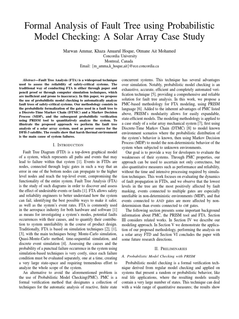 Formal Analysis of Fault Tree Using Probabilistic Model Checking: A ...
