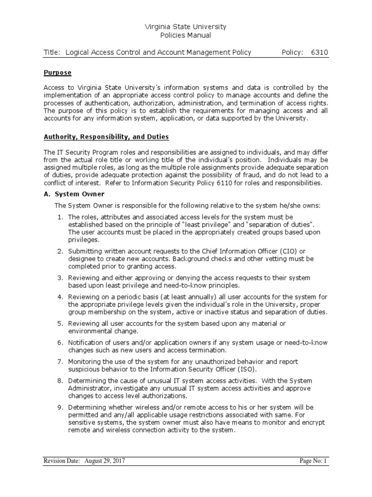 Virginia State University Policies Manual Title Logical Access Control