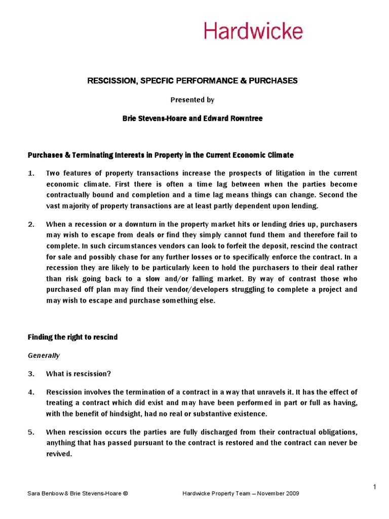 Specific Performance and Rescission, Michelle Stevens-Hoare - and ...